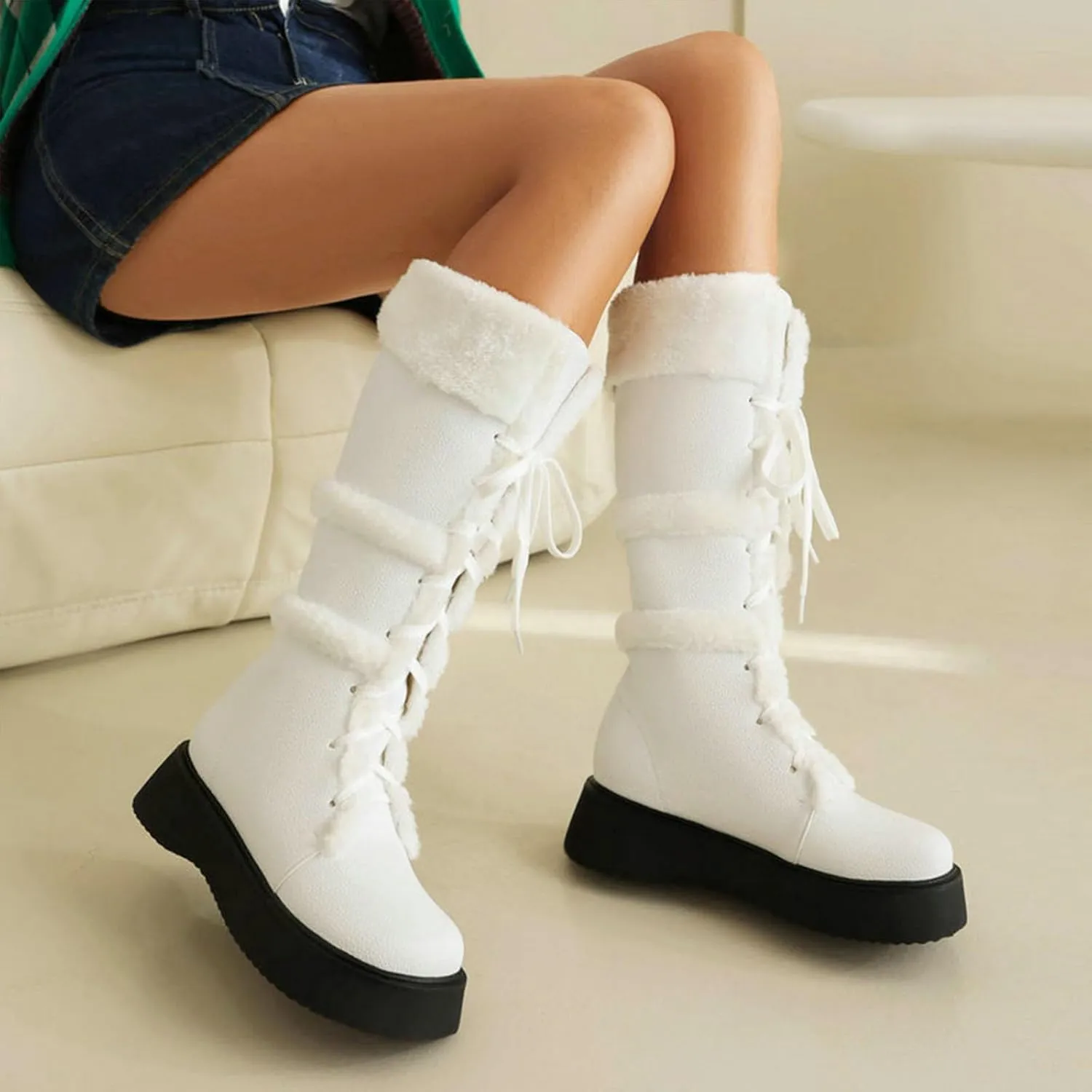 Women's High Boots, Plush Snow Boots Round Toe Thick Bottom Low Heel Front Lace Plush Warm Straight Boots Pu Raw Edge Non-Slip Fashionable and Comfortable Boots