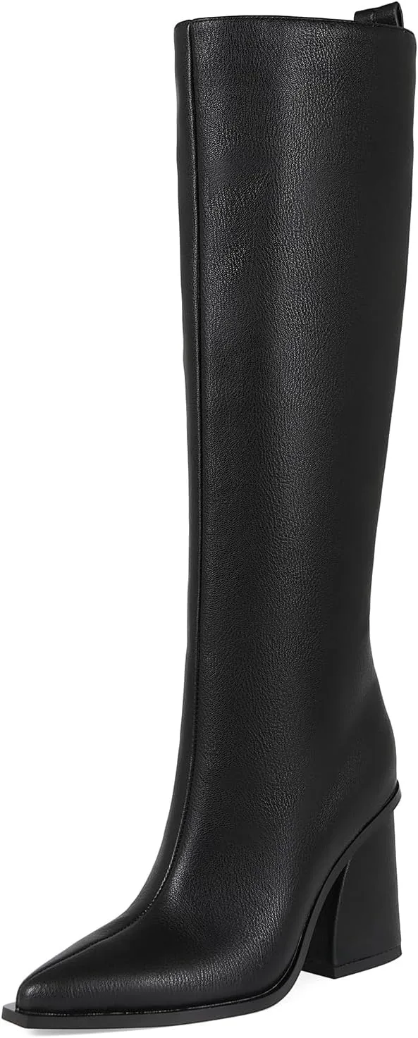 Women's Knee High Boots Block Chunky Heel Pointed Toe Tall Boots for Women High Heel Side Zipper Long Boots