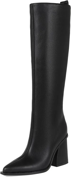 Women's Knee High Boots Block Chunky Heel Pointed Toe Tall Boots for Women High Heel Side Zipper Long Boots