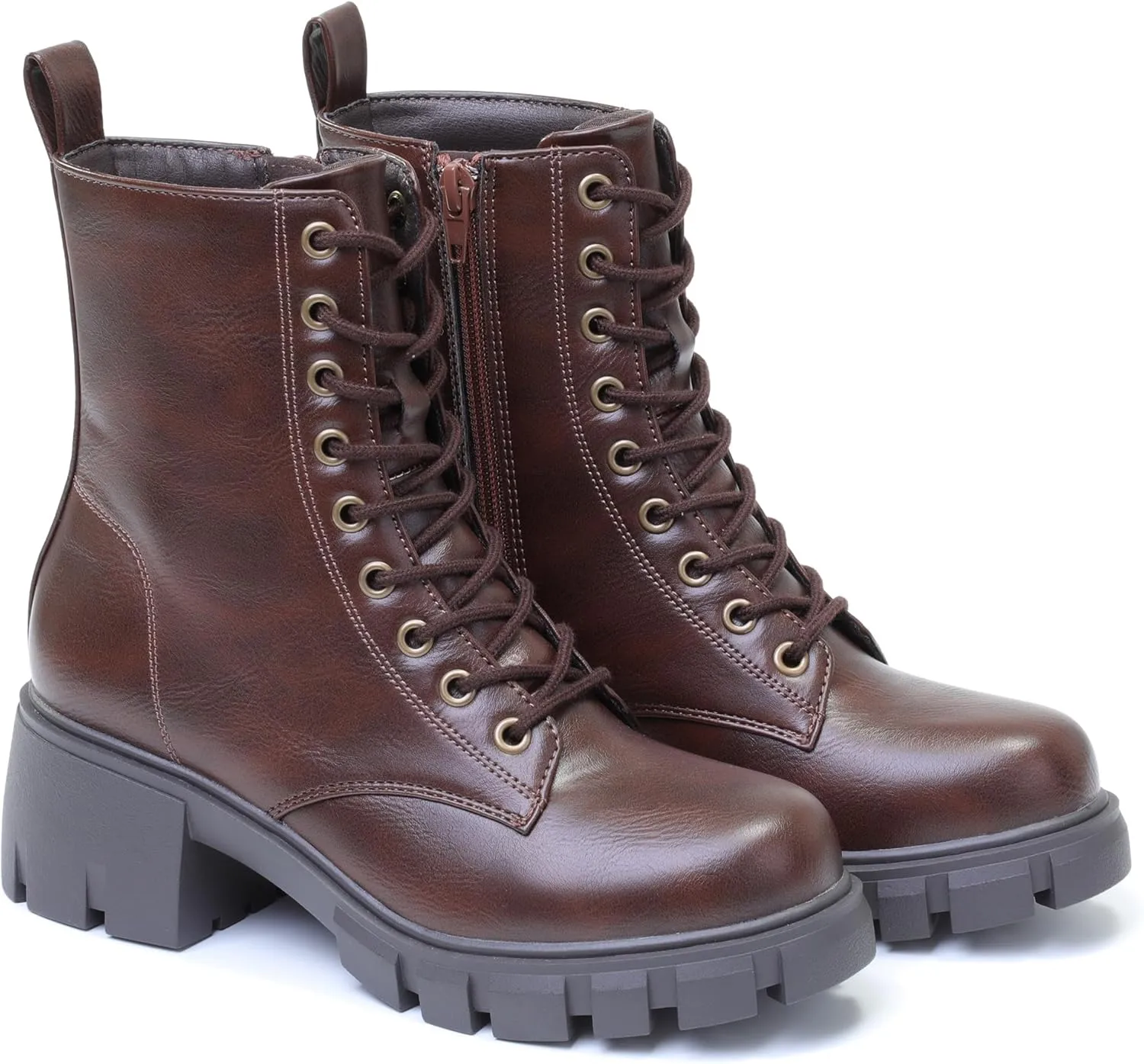Women's Lace Up Combat Platform Ankle Boots With Thick Sole, Side Zipper Shoes Mid Calf Booties for Lady 2301-2302-2403