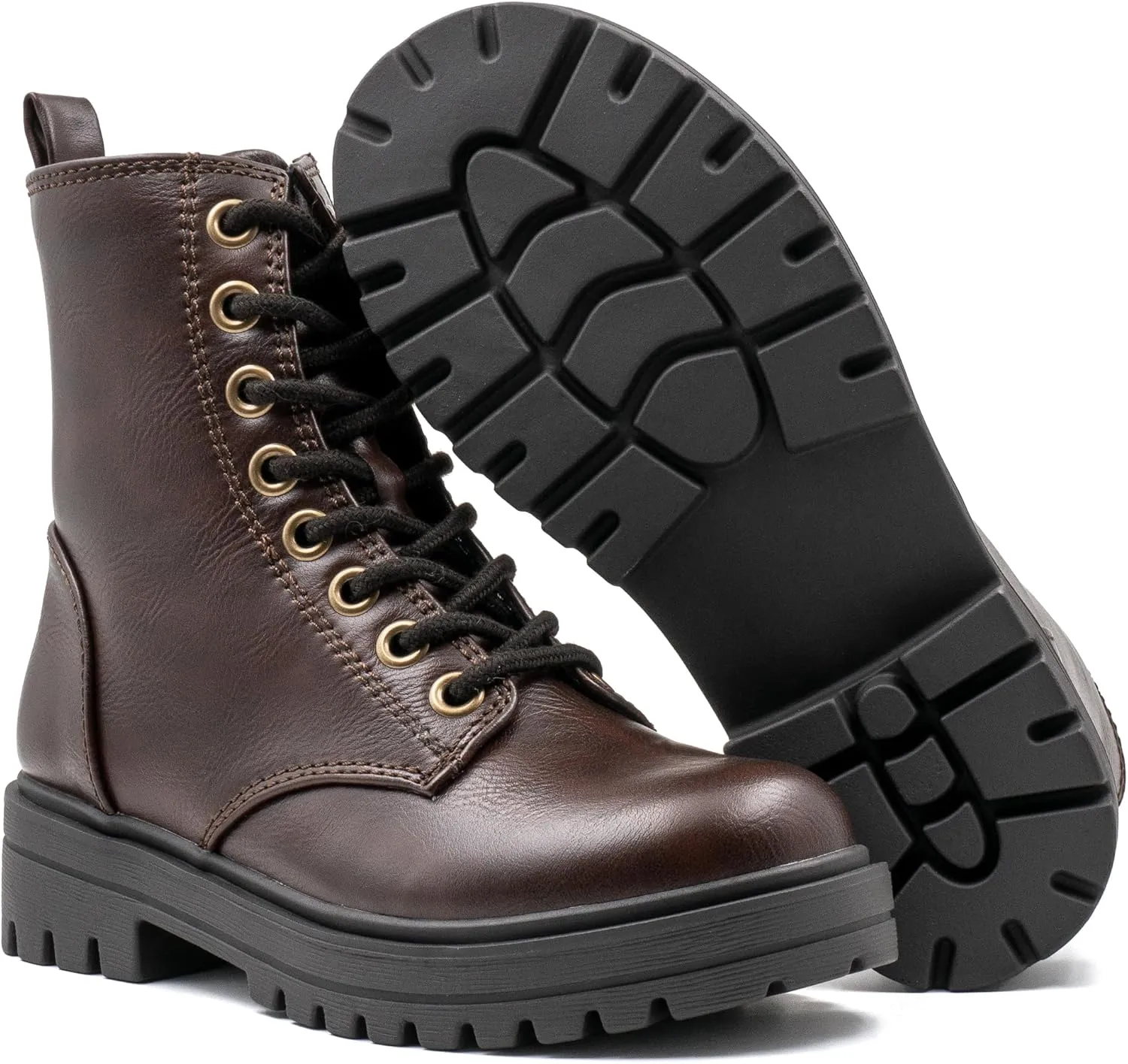 Women's Lace Up Combat Platform Ankle Boots With Thick Sole, Side Zipper Shoes Mid Calf Booties for Lady 2301-2302-2403
