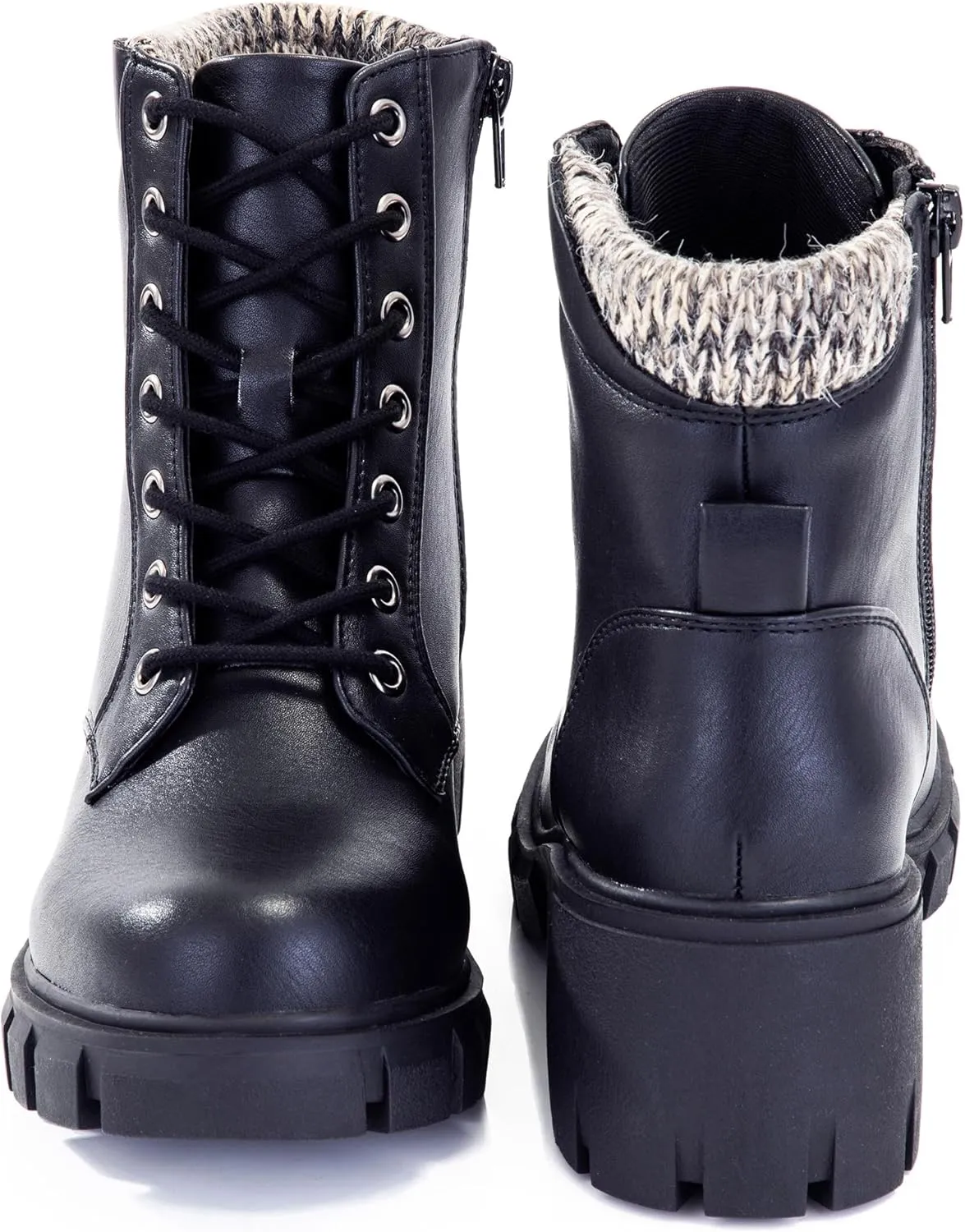 Women's Lace Up Combat Platform Ankle Boots With Thick Sole, Side Zipper Shoes Mid Calf Booties for Lady 2301-2302-2403