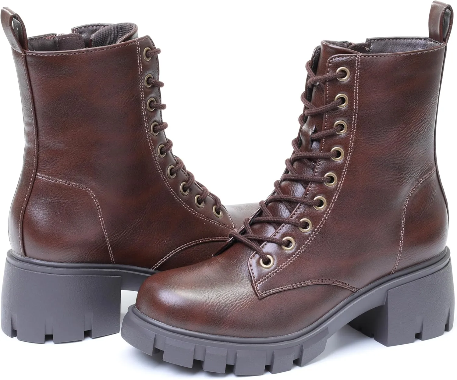 Women's Lace Up Combat Platform Ankle Boots With Thick Sole, Side Zipper Shoes Mid Calf Booties for Lady 2301-2302-2403
