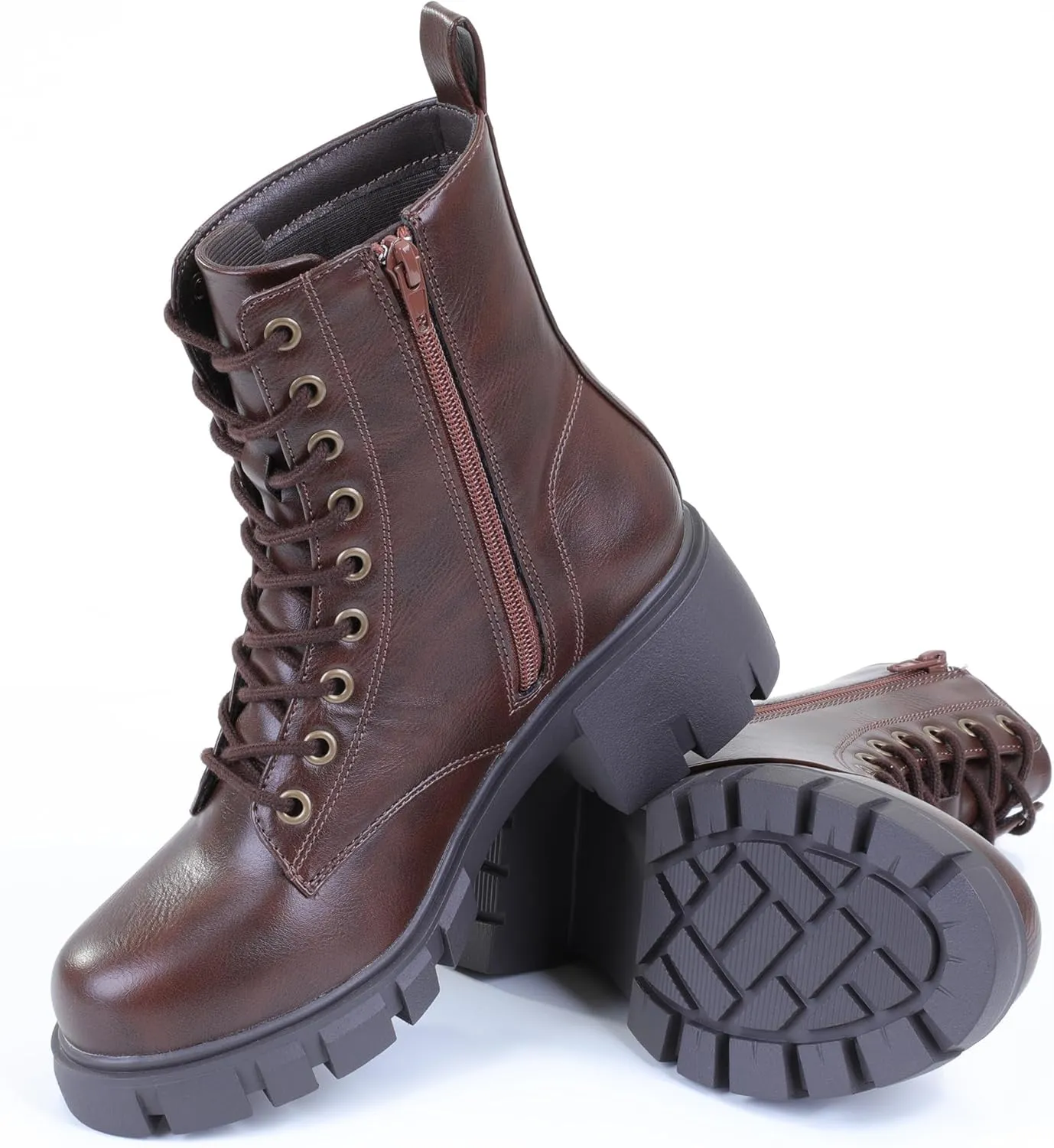 Women's Lace Up Combat Platform Ankle Boots With Thick Sole, Side Zipper Shoes Mid Calf Booties for Lady 2301-2302-2403