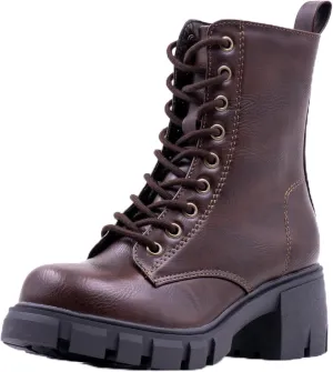Women's Lace Up Combat Platform Ankle Boots With Thick Sole, Side Zipper Shoes Mid Calf Booties for Lady 2301-2302-2403