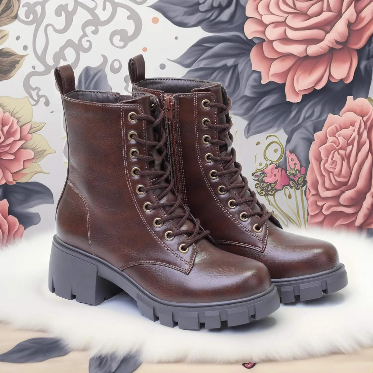 Women's Lace Up Combat Platform Ankle Boots With Thick Sole, Side Zipper Shoes Mid Calf Booties for Lady 2301-2302-2403
