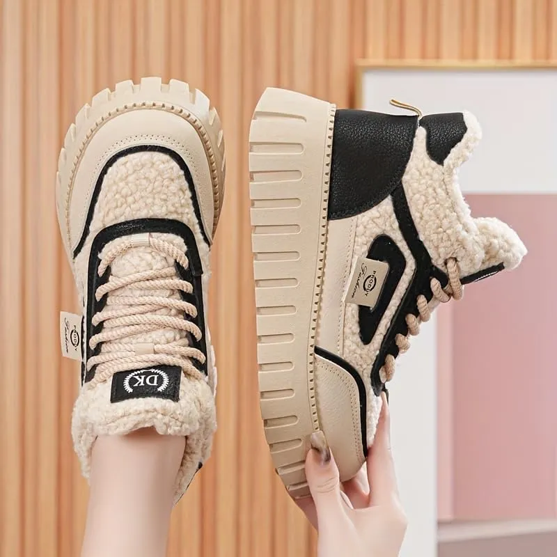 Women's lace up thick soled snow boots, comfortable lambskin short boots for warmth, anti slip, lightweight winter shoes