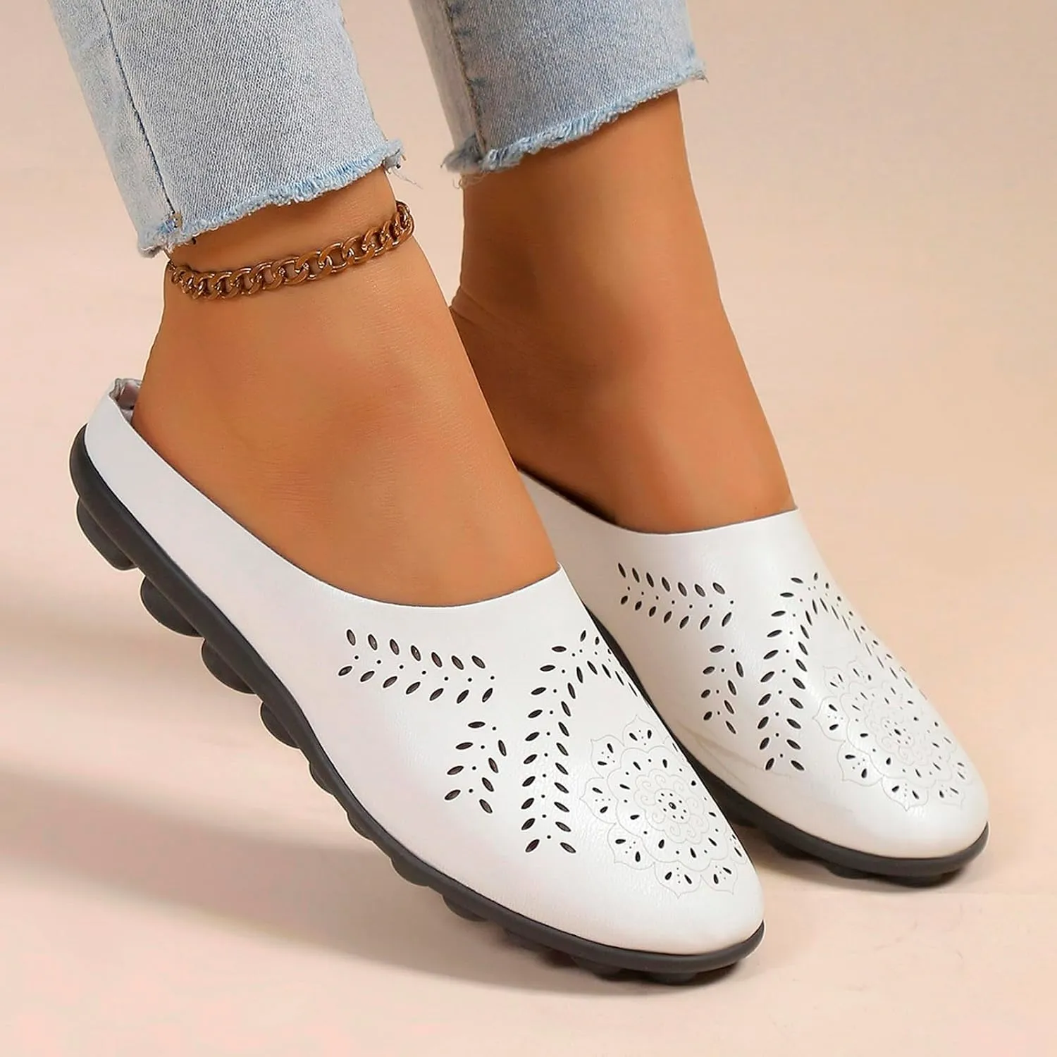 Women's Leather Half Slippers Hollow Soft Sole Non Slip Shoes Flat Round Toe Breathable Slip On Lazy Flat Flip Flop