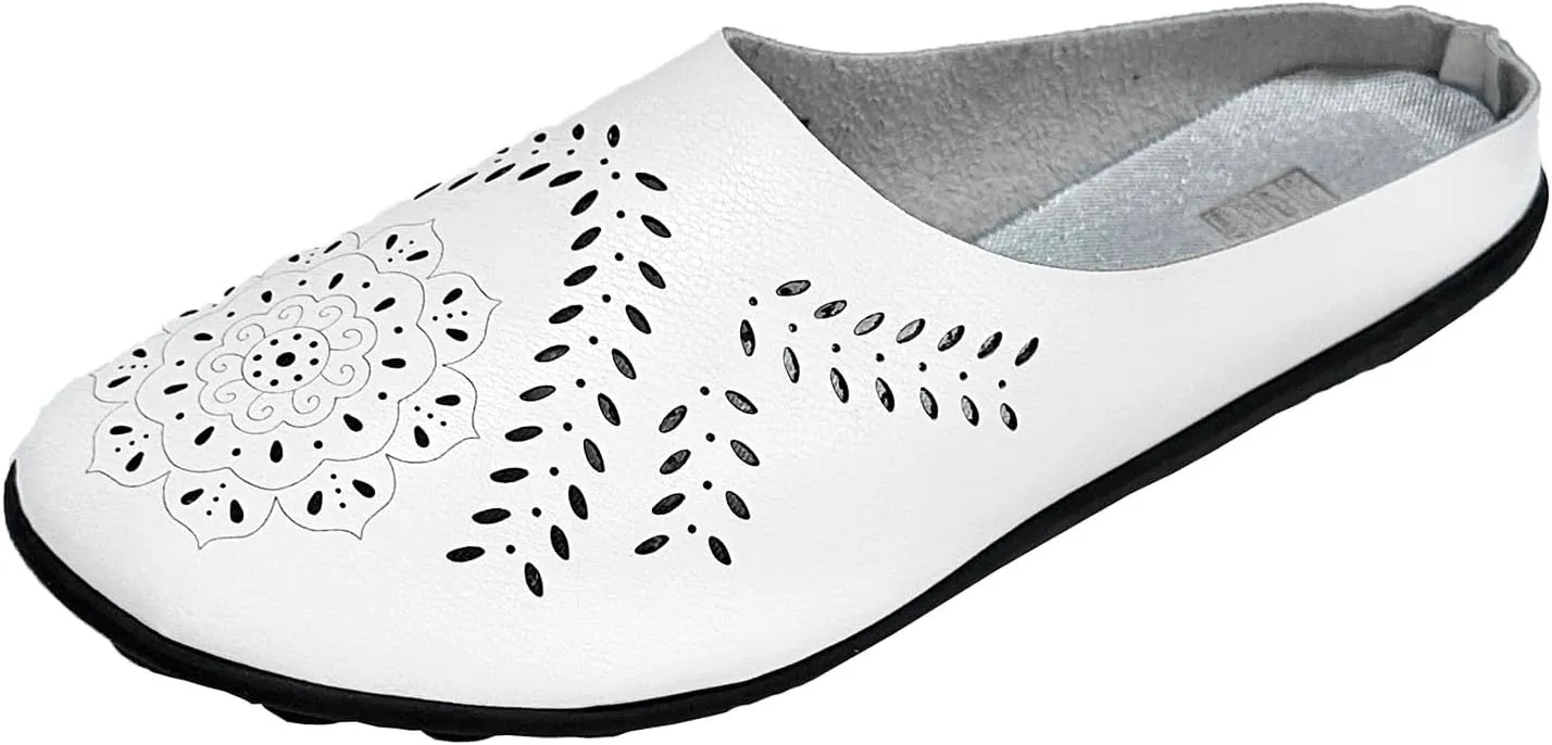 Women's Leather Half Slippers Hollow Soft Sole Non Slip Shoes Flat Round Toe Breathable Slip On Lazy Flat Flip Flop