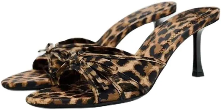 Women's Leopard Heels with Bow Open Round Toe Stiletto High Heels Party Dress Slip On Backless Sandals