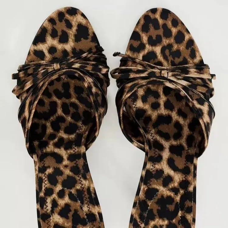 Women's Leopard Heels with Bow Open Round Toe Stiletto High Heels Party Dress Slip On Backless Sandals