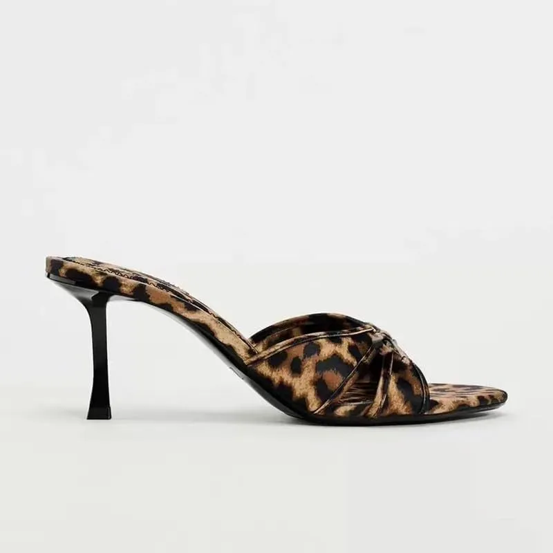 Women's Leopard Heels with Bow Open Round Toe Stiletto High Heels Party Dress Slip On Backless Sandals