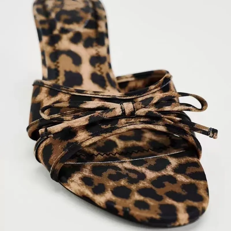 Women's Leopard Heels with Bow Open Round Toe Stiletto High Heels Party Dress Slip On Backless Sandals