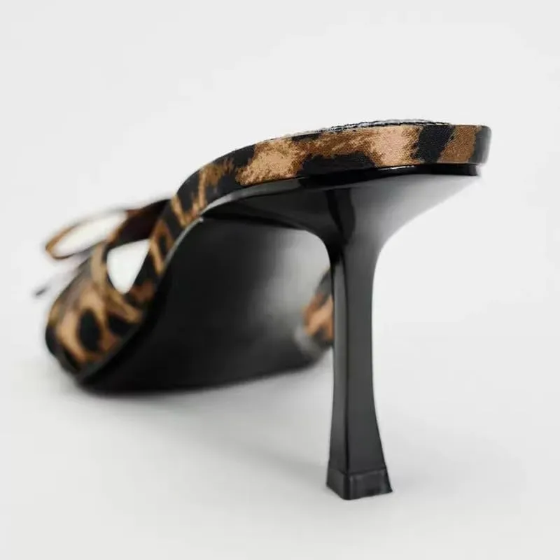 Women's Leopard Heels with Bow Open Round Toe Stiletto High Heels Party Dress Slip On Backless Sandals