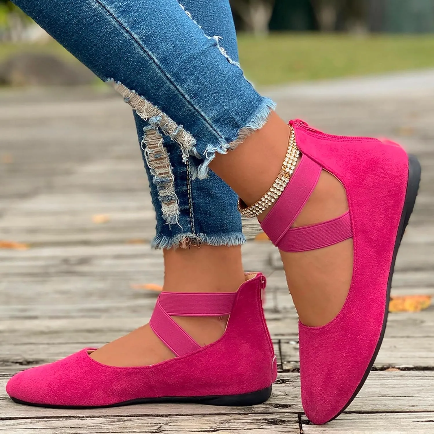 Women's Loafer Flat Women's Comfortable Ballet Flat Shoes with Ankle and Elastic Straps Lightweight Slip On Evening