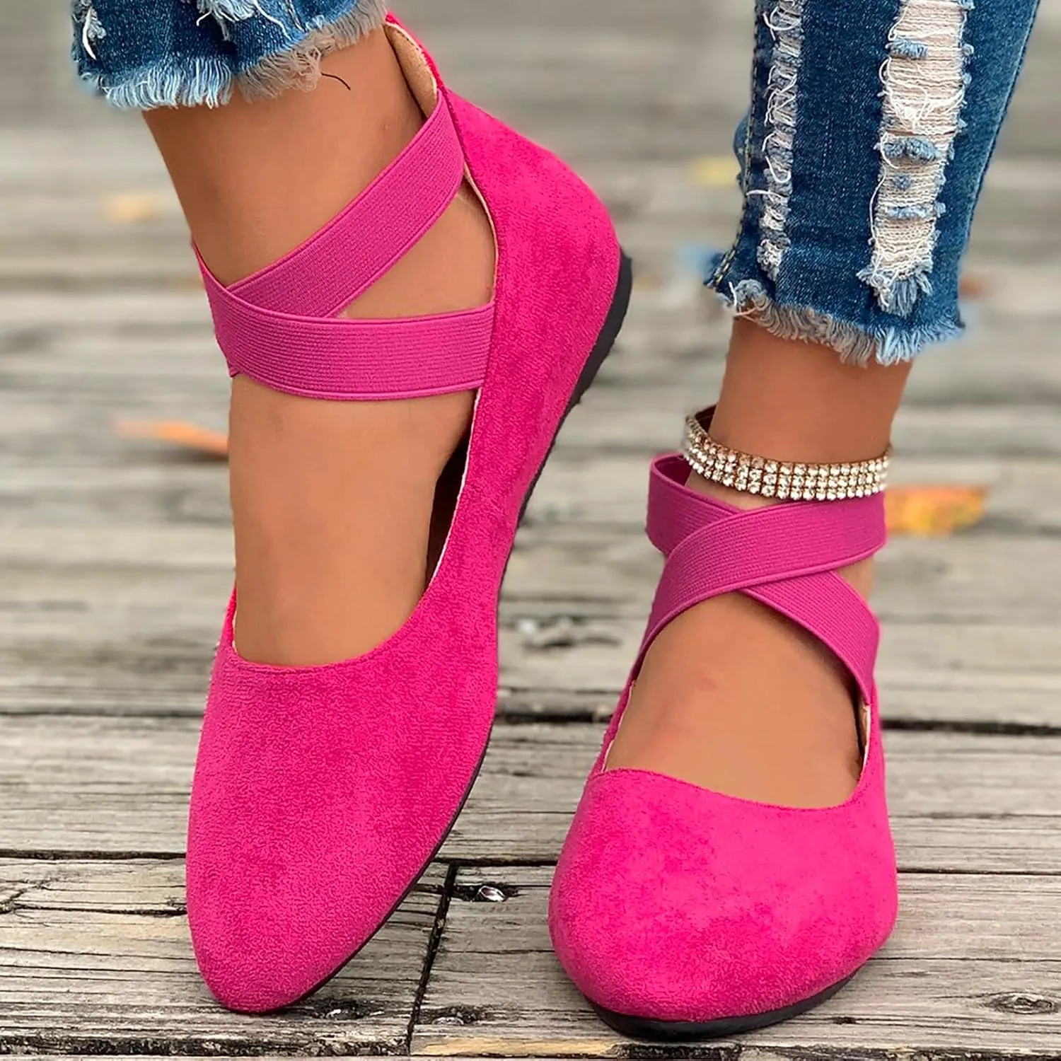 Women's Loafer Flat Women's Comfortable Ballet Flat Shoes with Ankle and Elastic Straps Lightweight Slip On Evening