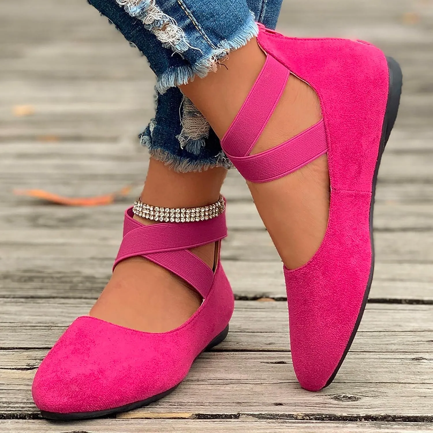 Women's Loafer Flat Women's Comfortable Ballet Flat Shoes with Ankle and Elastic Straps Lightweight Slip On Evening