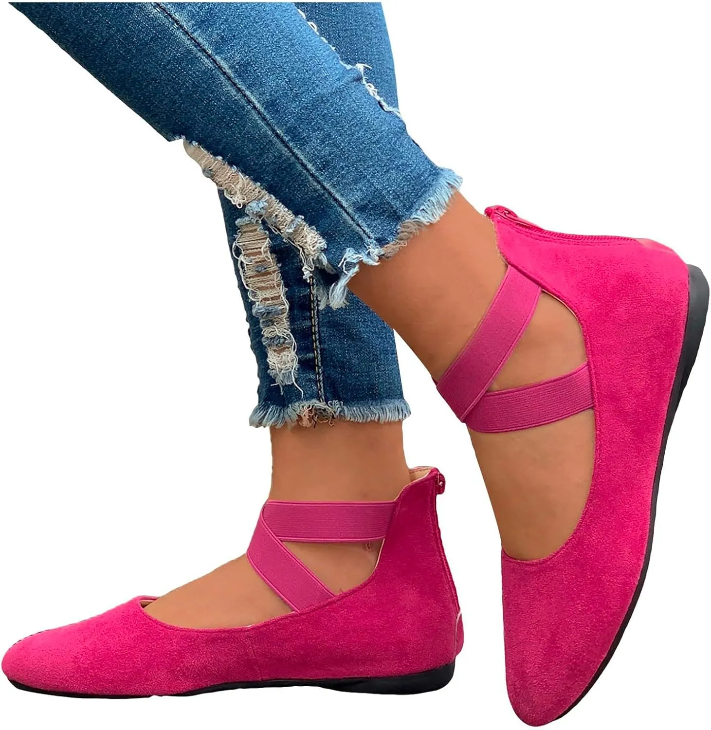 Women's Loafer Flat Women's Comfortable Ballet Flat Shoes with Ankle and Elastic Straps Lightweight Slip On Evening