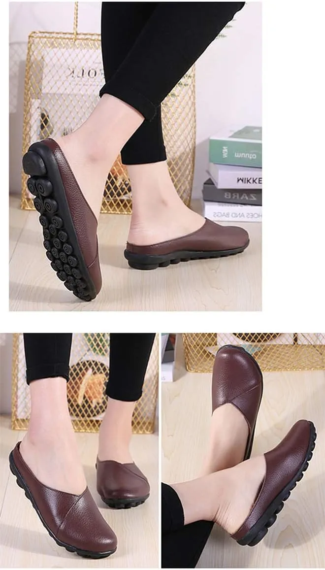 Women's Loafers Slip-on Leather Shoes Open Back Mule Casual Flat Shoes Comfortable Summer Slipper