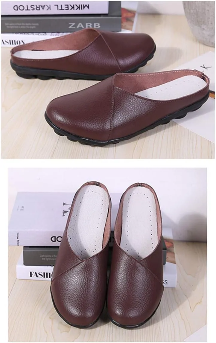 Women's Loafers Slip-on Leather Shoes Open Back Mule Casual Flat Shoes Comfortable Summer Slipper
