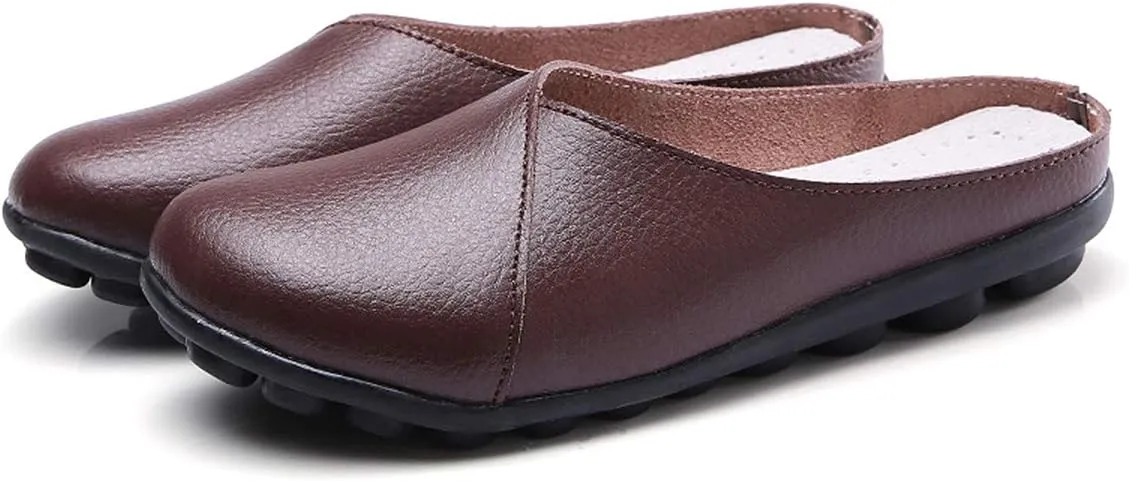 Women's Loafers Slip-on Leather Shoes Open Back Mule Casual Flat Shoes Comfortable Summer Slipper