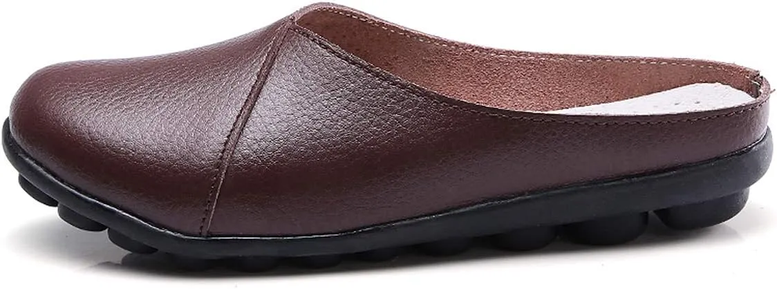Women's Loafers Slip-on Leather Shoes Open Back Mule Casual Flat Shoes Comfortable Summer Slipper