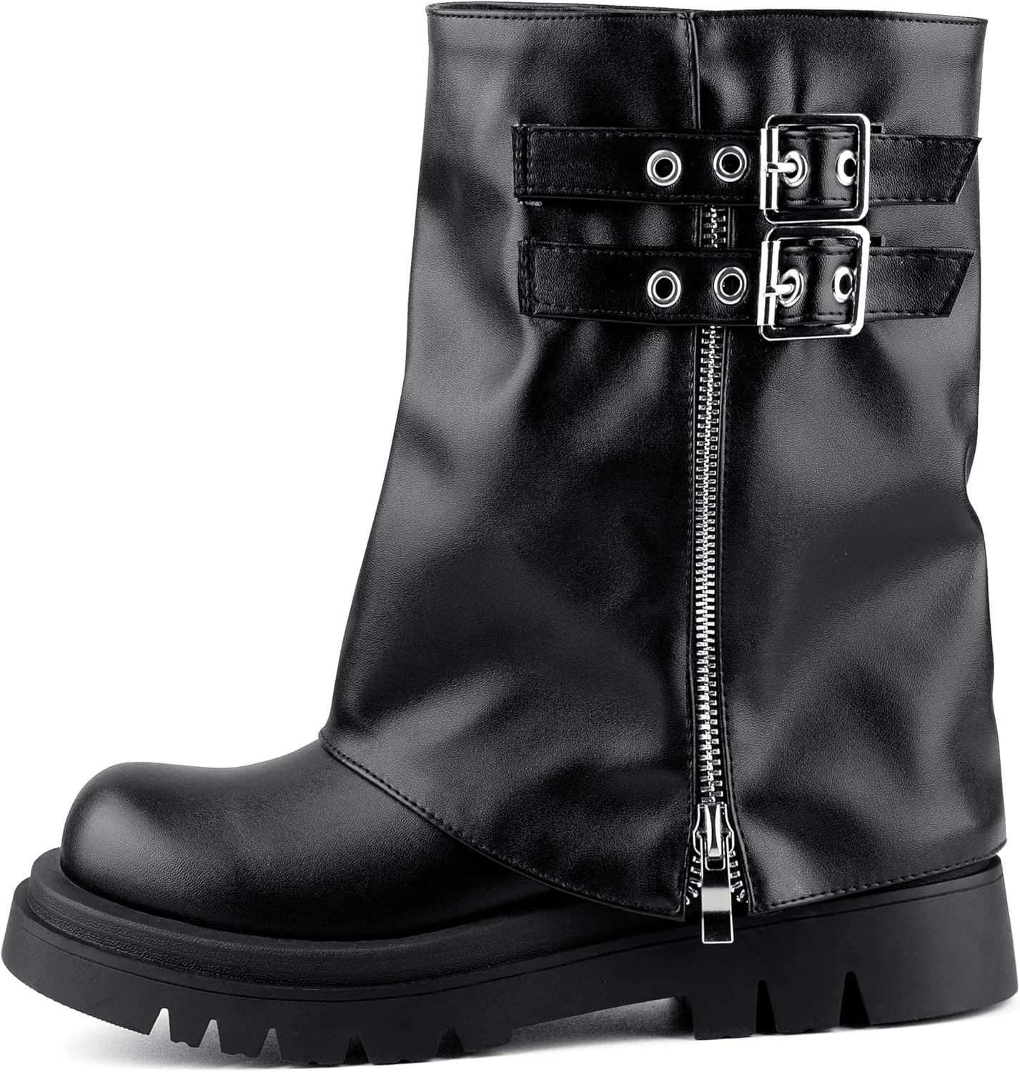Women's Mid Calf Boots Fold Over Buckle Moto Biker Boots for Women