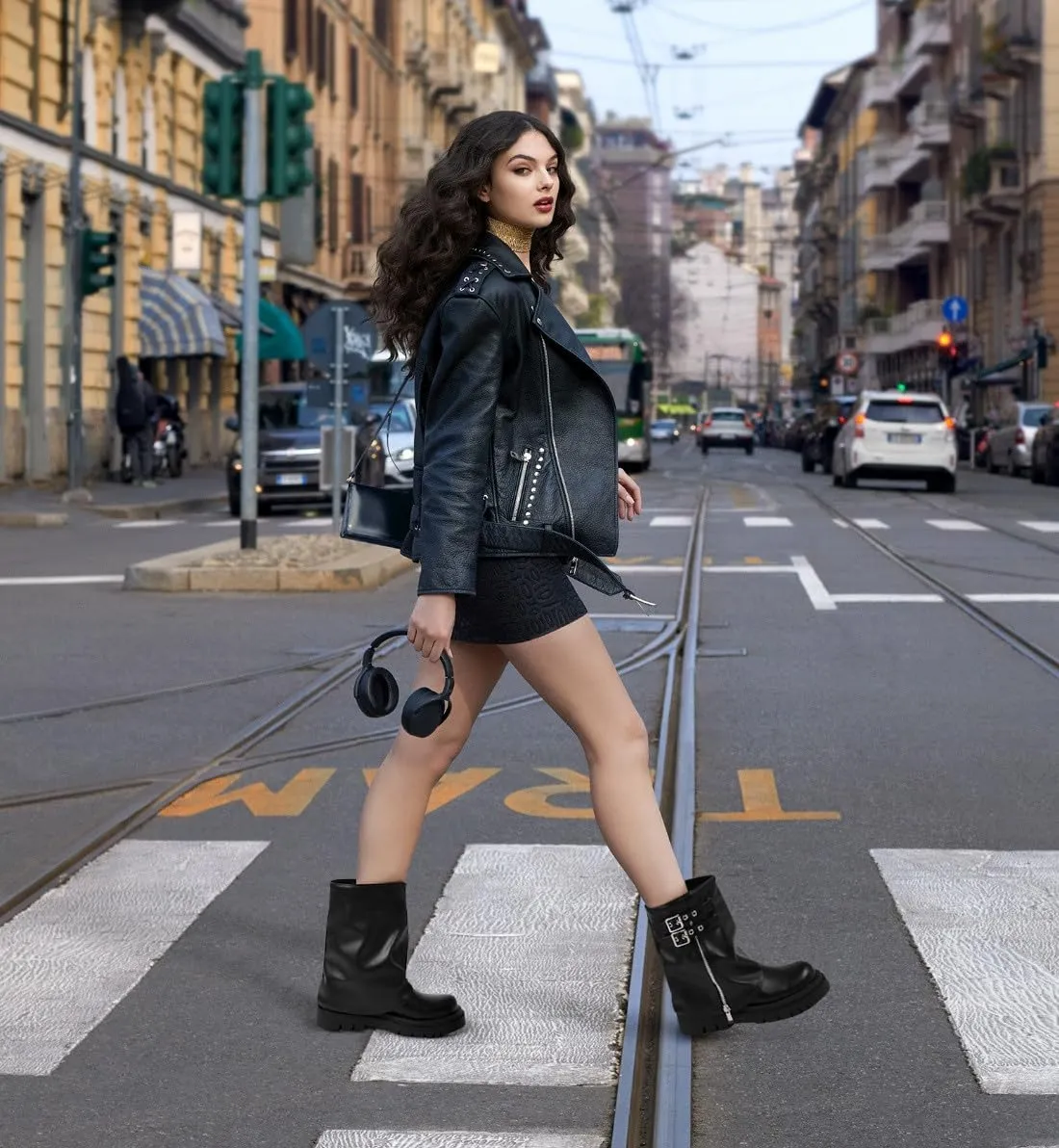 Women's Mid Calf Boots Fold Over Buckle Moto Biker Boots for Women