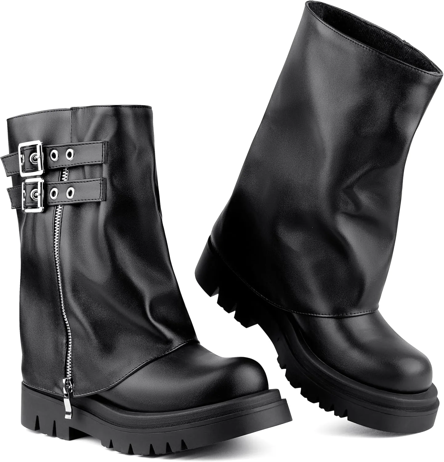 Women's Mid Calf Boots Fold Over Buckle Moto Biker Boots for Women