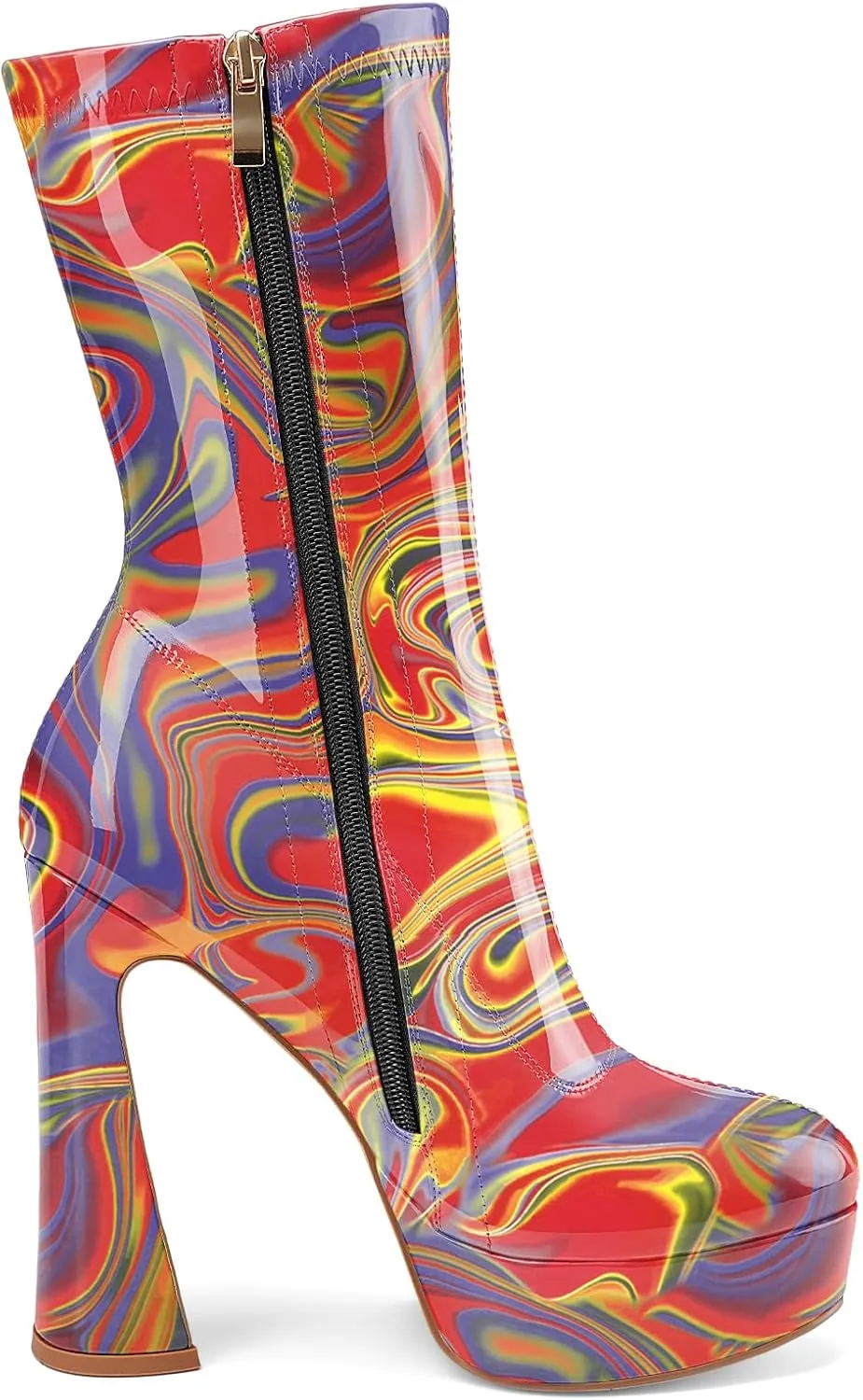 Women's Mid Calf Platform Boots Round Toe High Heel GoGo Boots Chunky Heel Comfortable Booties with Side Zipper for Ladies Sexy Cute
