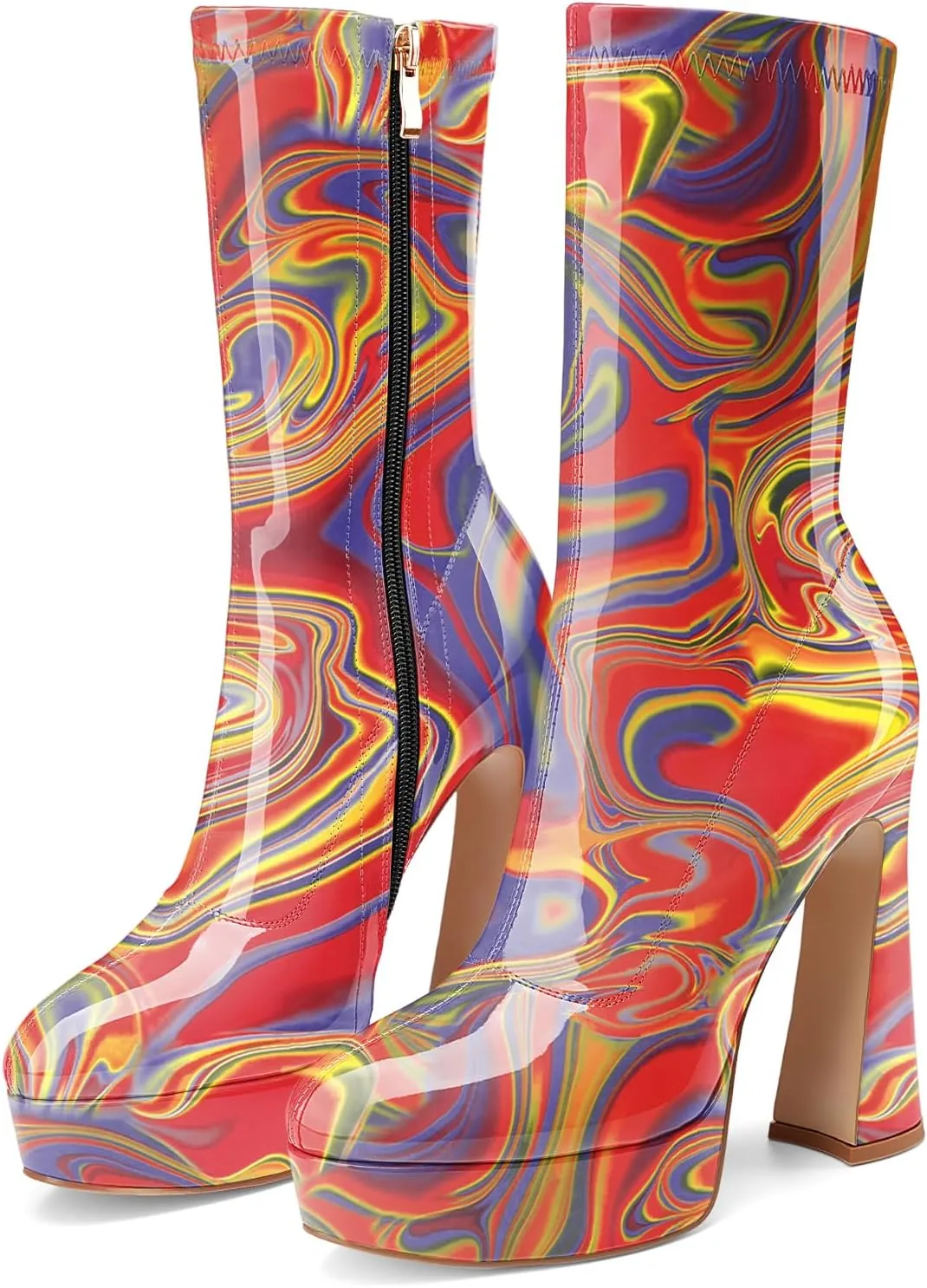 Women's Mid Calf Platform Boots Round Toe High Heel GoGo Boots Chunky Heel Comfortable Booties with Side Zipper for Ladies Sexy Cute