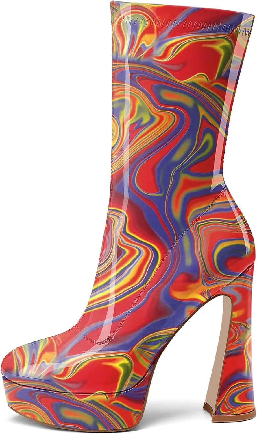 Women's Mid Calf Platform Boots Round Toe High Heel GoGo Boots Chunky Heel Comfortable Booties with Side Zipper for Ladies Sexy Cute