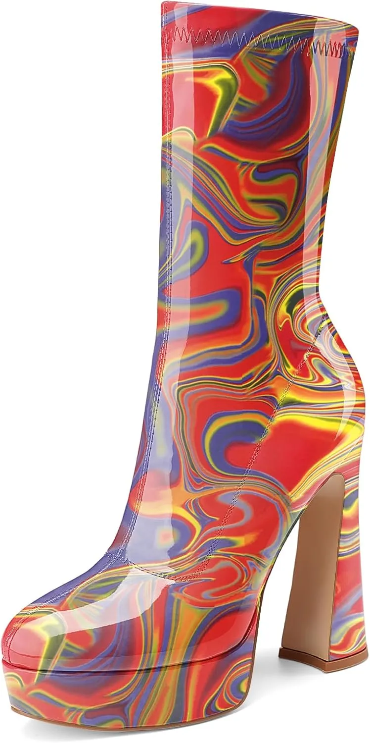 Women's Mid Calf Platform Boots Round Toe High Heel GoGo Boots Chunky Heel Comfortable Booties with Side Zipper for Ladies Sexy Cute
