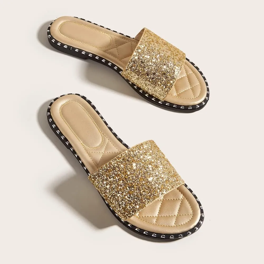 Women's Open Toe Flat Sandals Rhinestone Glitter On Casual Fashion Slippers Quick Drying Indoor & Outdoor Slides