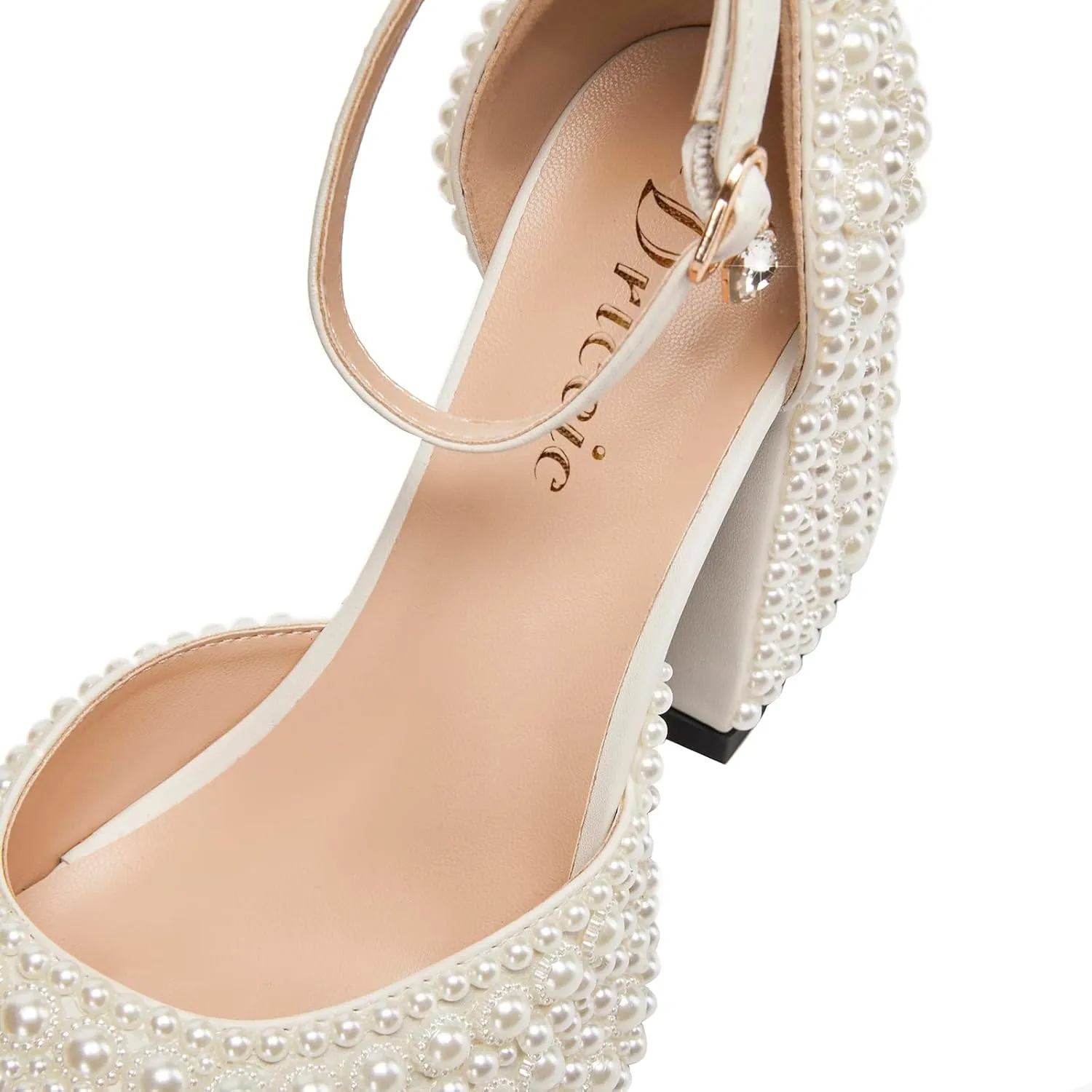 Women's open-toe pearl high-heeled sandals Chunky Buckle Ankle Strap Wedding Heeled Sandals Dress Evening Bride Shoes