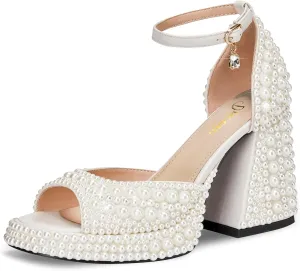 Women's open-toe pearl high-heeled sandals Chunky Buckle Ankle Strap Wedding Heeled Sandals Dress Evening Bride Shoes