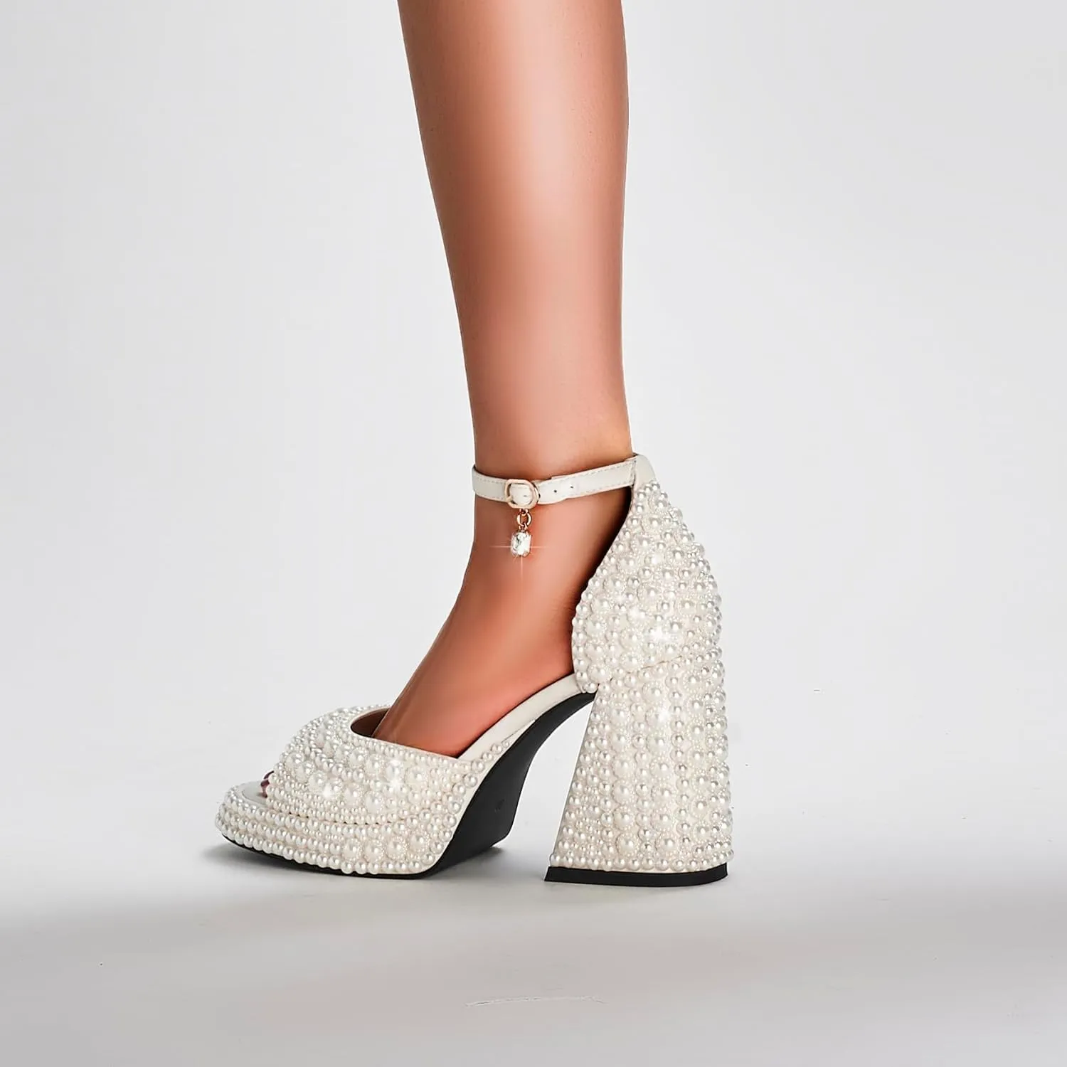 Women's open-toe pearl high-heeled sandals Chunky Buckle Ankle Strap Wedding Heeled Sandals Dress Evening Bride Shoes