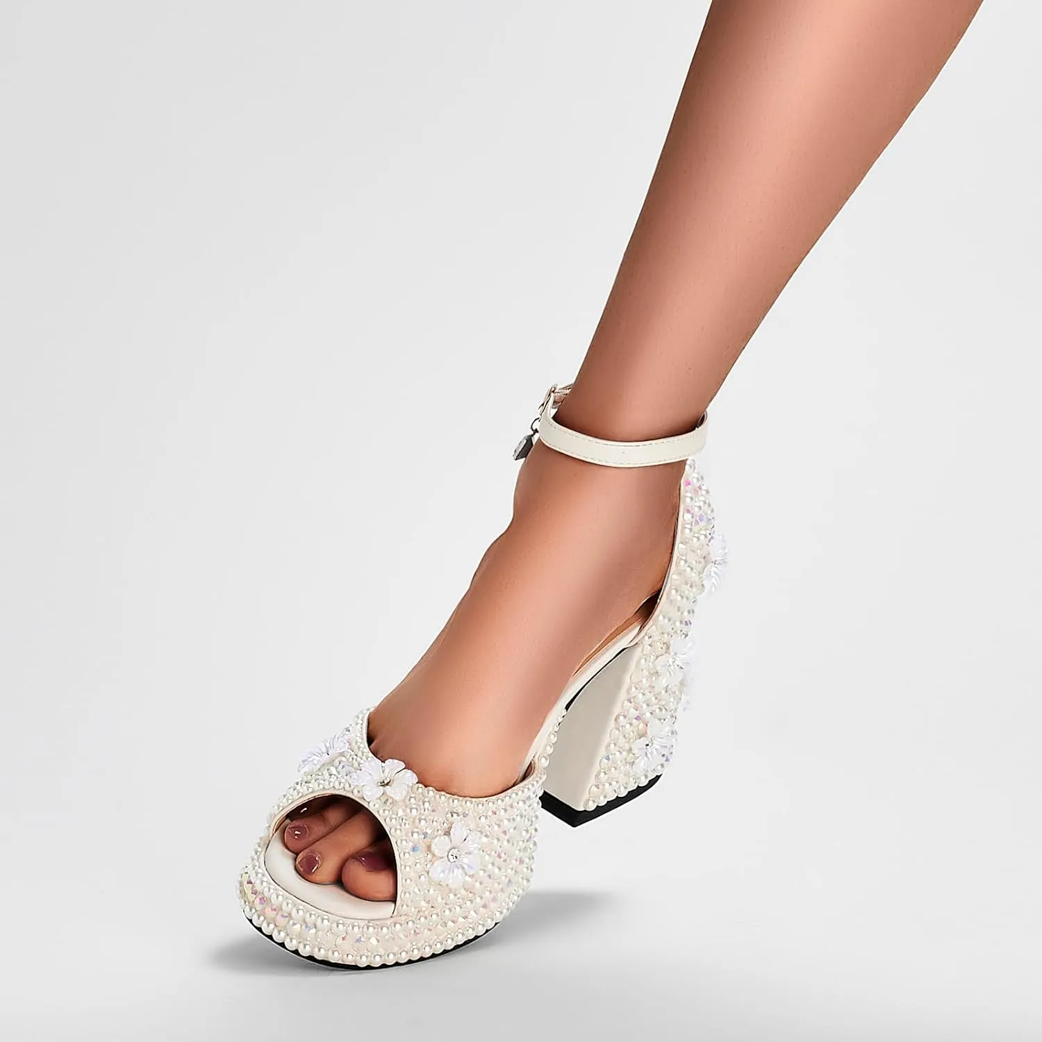 Women's open-toe pearl high-heeled sandals Chunky Buckle Ankle Strap Wedding Heeled Sandals Dress Evening Bride Shoes