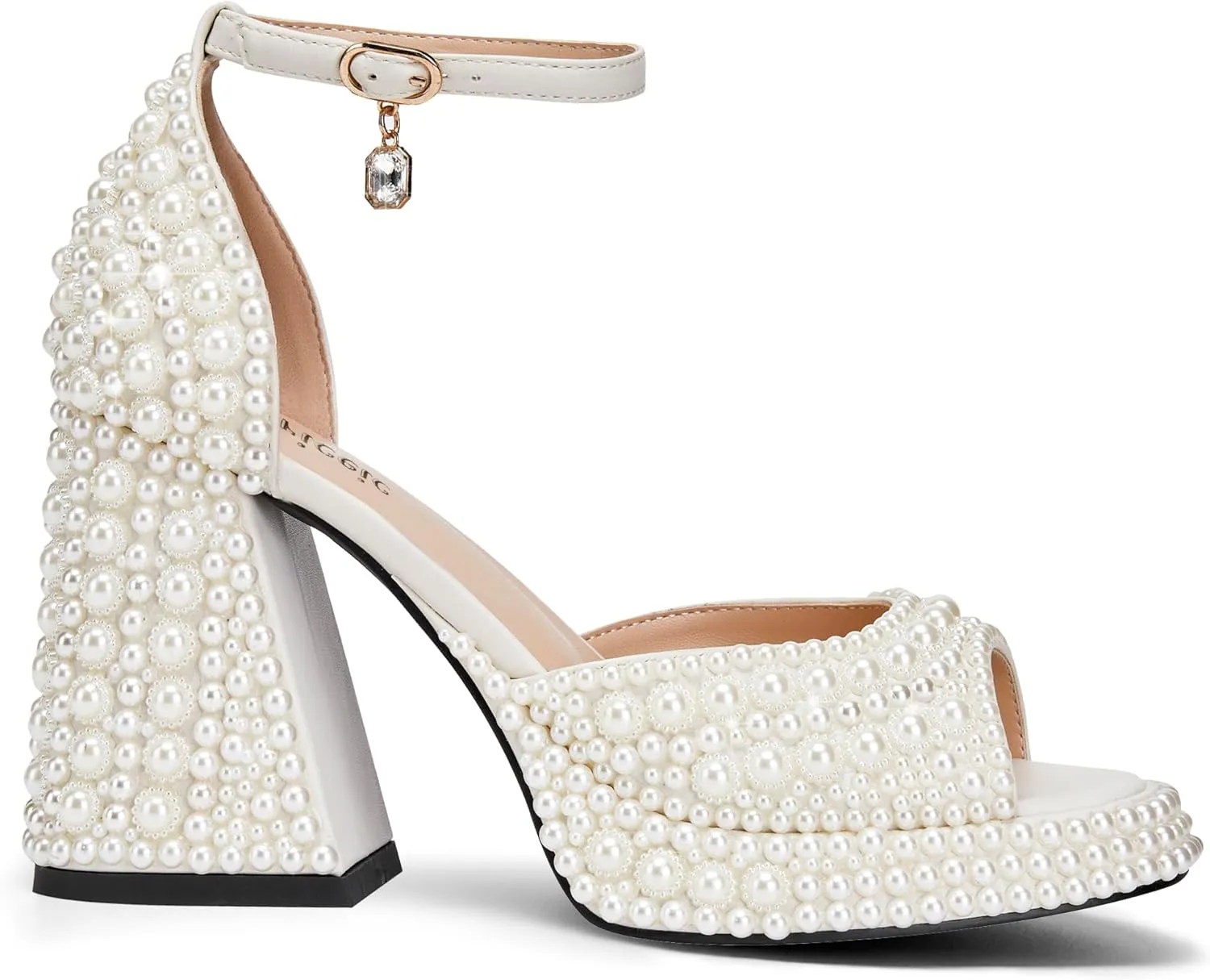 Women's open-toe pearl high-heeled sandals Chunky Buckle Ankle Strap Wedding Heeled Sandals Dress Evening Bride Shoes