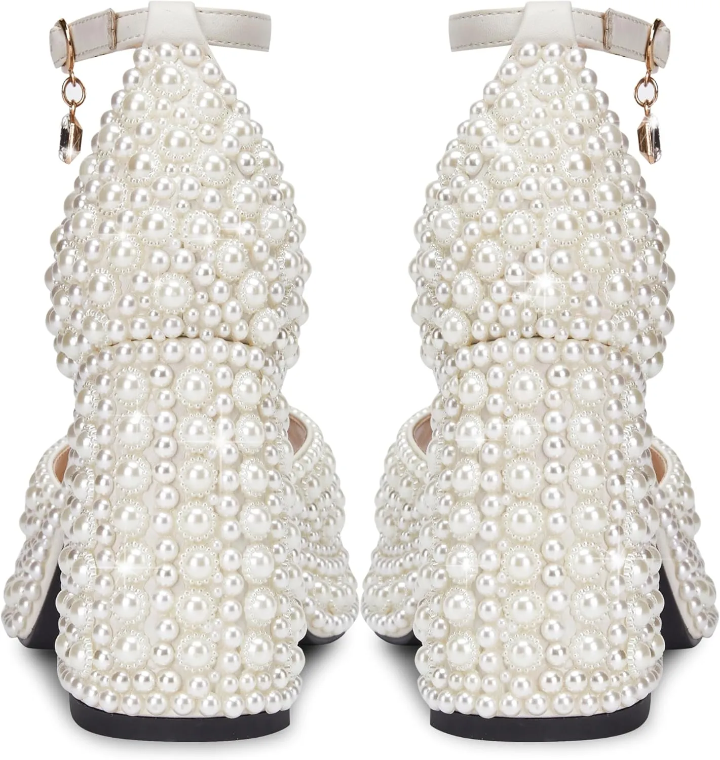 Women's open-toe pearl high-heeled sandals Chunky Buckle Ankle Strap Wedding Heeled Sandals Dress Evening Bride Shoes