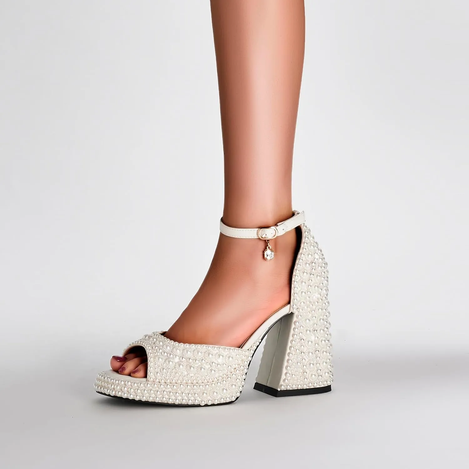 Women's open-toe pearl high-heeled sandals Chunky Buckle Ankle Strap Wedding Heeled Sandals Dress Evening Bride Shoes