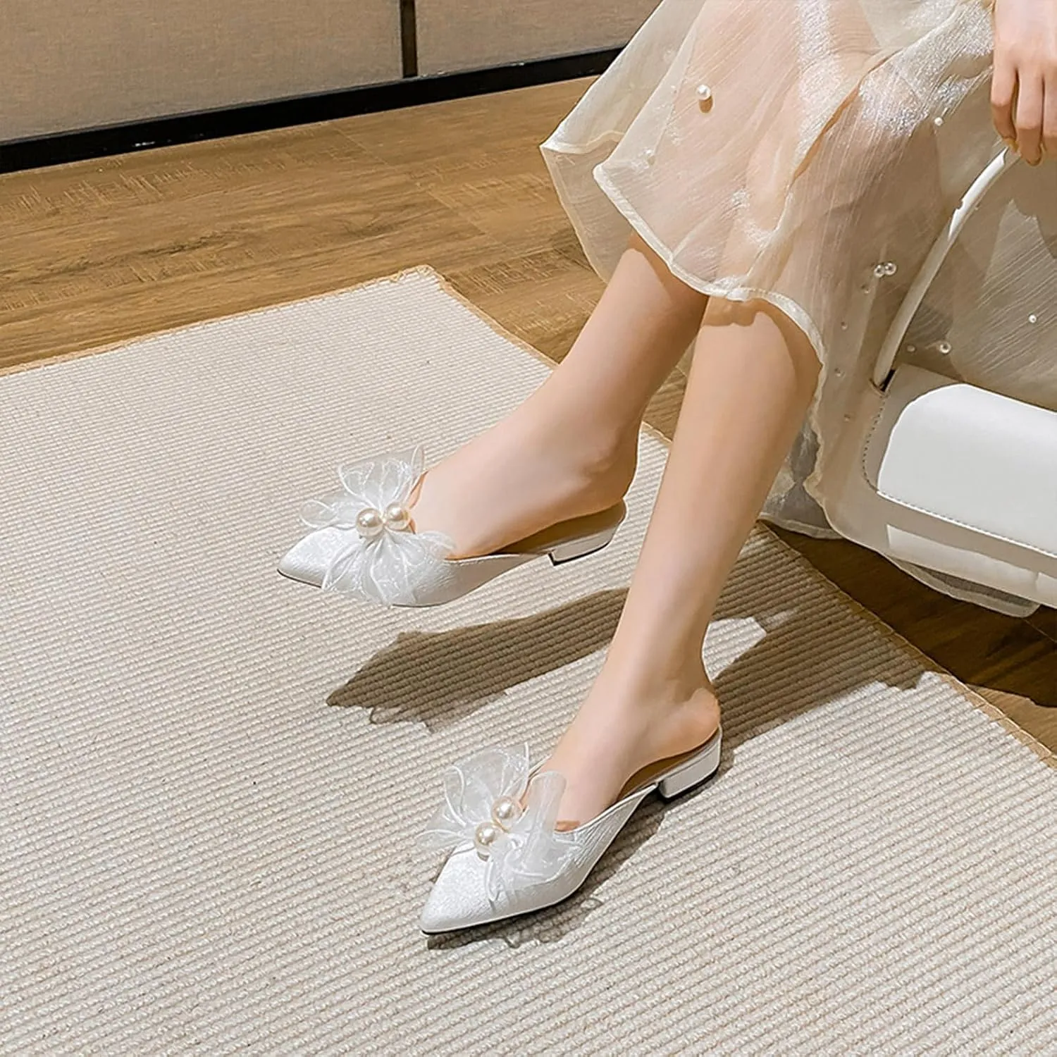 Women's Pearl Bow Backless Mules Fashion Closed Pointed Toe Comfortable Slip On Low Block Heel Dress Slides for Casual Office Wedding Party