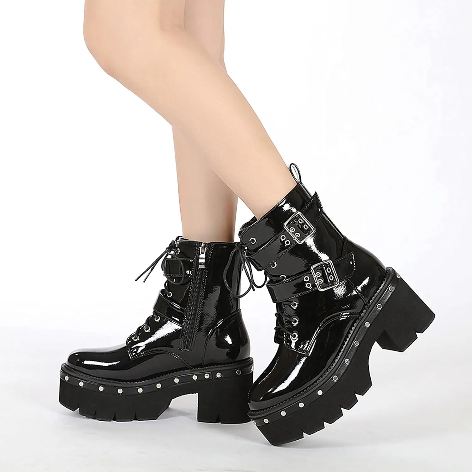 Womens Platform Boots Round Toe Chunky Ankle Boots Punk Boots Lace Up&Zipper Combat Boots