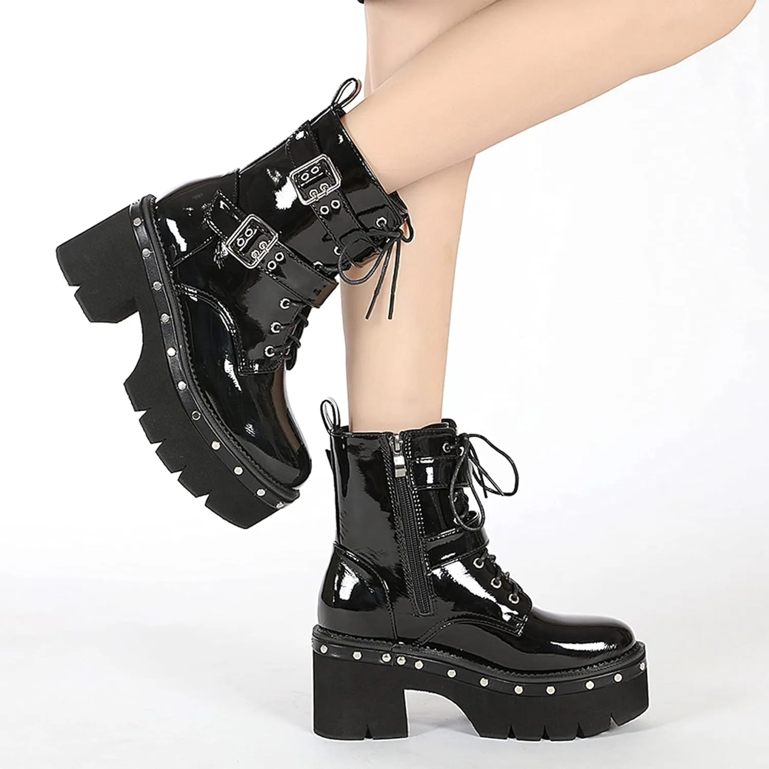 Womens Platform Boots Round Toe Chunky Ankle Boots Punk Boots Lace Up&Zipper Combat Boots