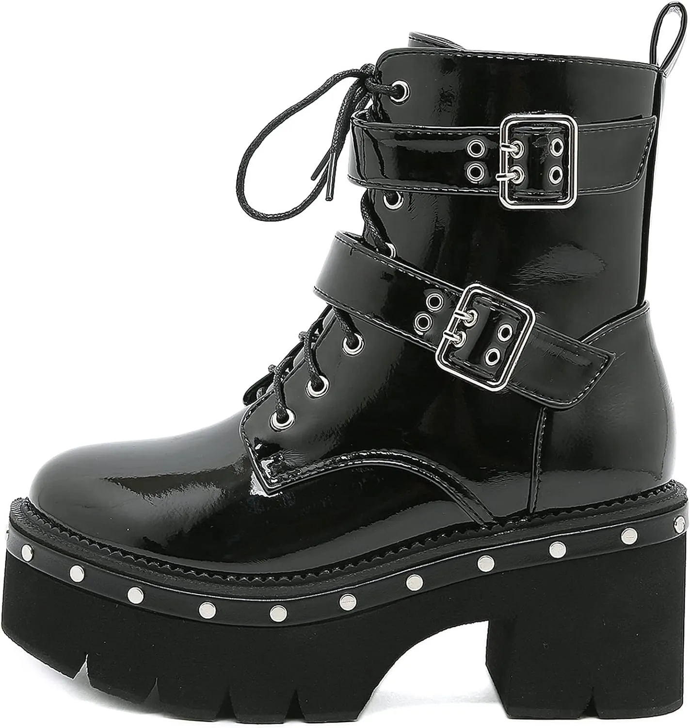 Womens Platform Boots Round Toe Chunky Ankle Boots Punk Boots Lace Up&Zipper Combat Boots