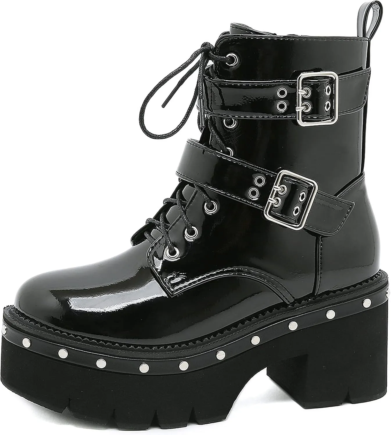 Womens Platform Boots Round Toe Chunky Ankle Boots Punk Boots Lace Up&Zipper Combat Boots