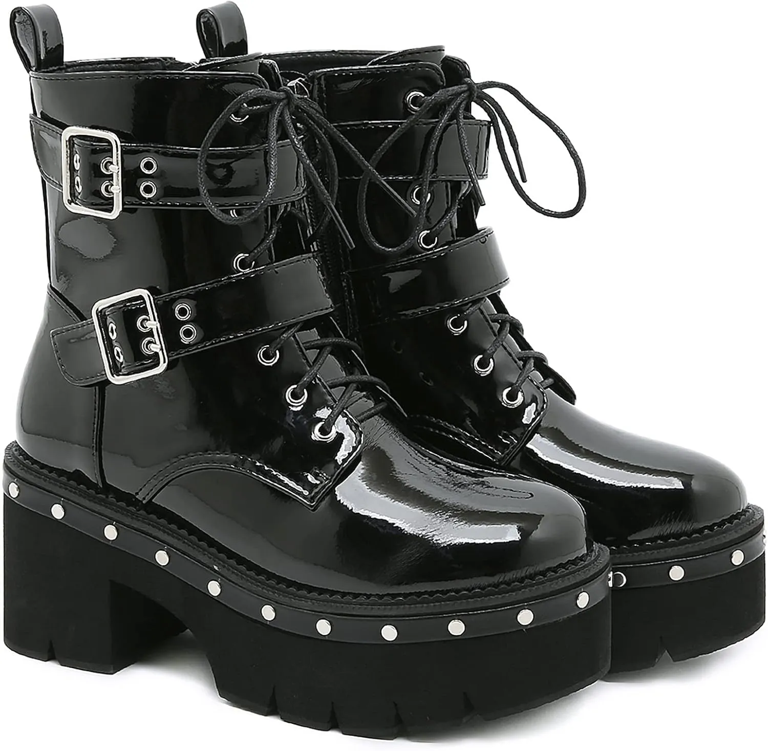 Womens Platform Boots Round Toe Chunky Ankle Boots Punk Boots Lace Up&Zipper Combat Boots