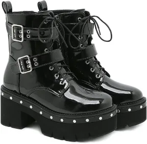 Womens Platform Boots Round Toe Chunky Ankle Boots Punk Boots Lace Up&Zipper Combat Boots