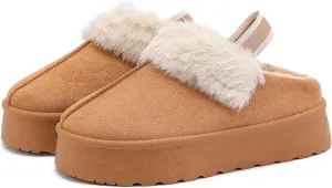 Women's Platform Fuzzy Slippers, Warm Winter Snow Mini Boots with Memory Foam, Fur Fleece Lined House Shoes Indoor and Outdoor