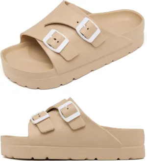 Womens Platform Sandals with Arch Support, Adjustable Buckle Beach Sandal Woman Comfort Lightweight Ultra Cushion EVA Slides